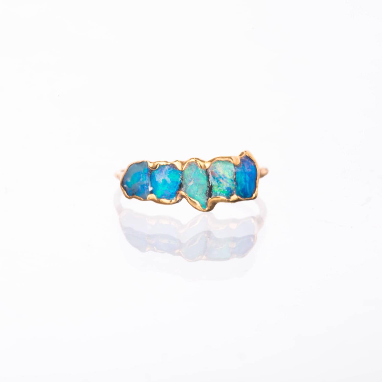 Five Stone Raw Australian Opal Ring in Yellow Gold