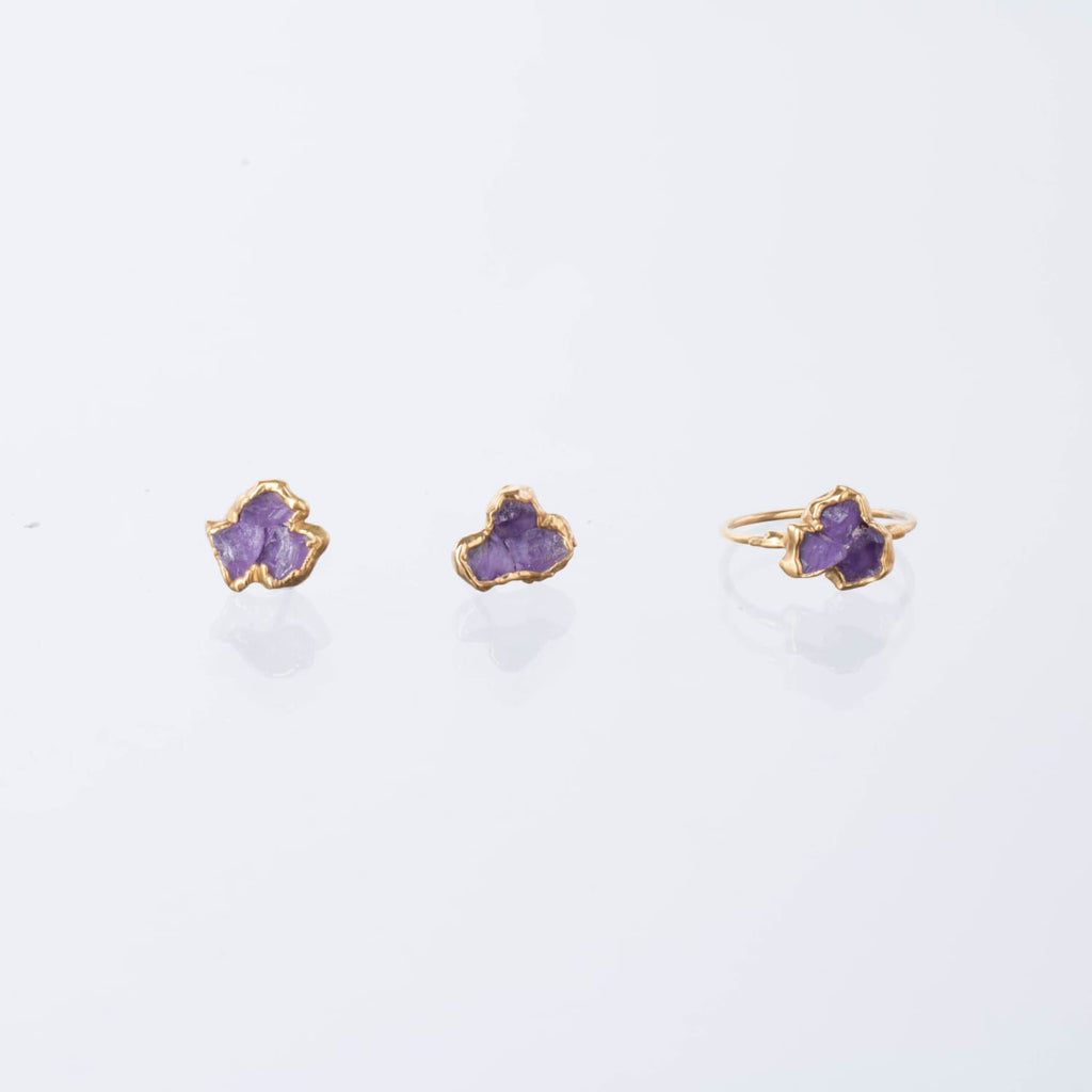 Fleur Raw Triple Amethyst Cluster Stud Earrings