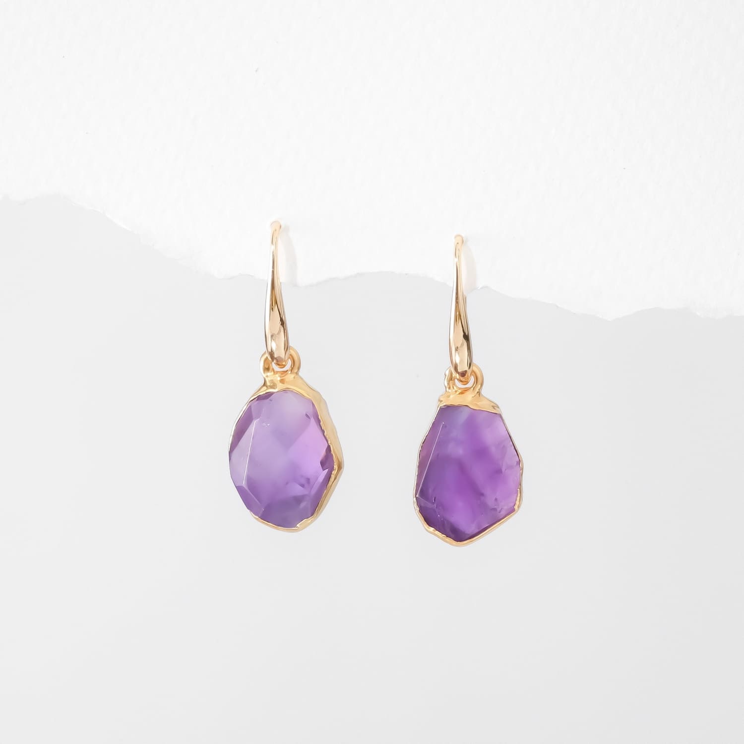 Geo Raw Amethyst Earrings • 14k Gold Filled • Non Tarnish Waterproof • Minimalist Summer Aesthetic • Edgy Daily Wear • February Birthstone