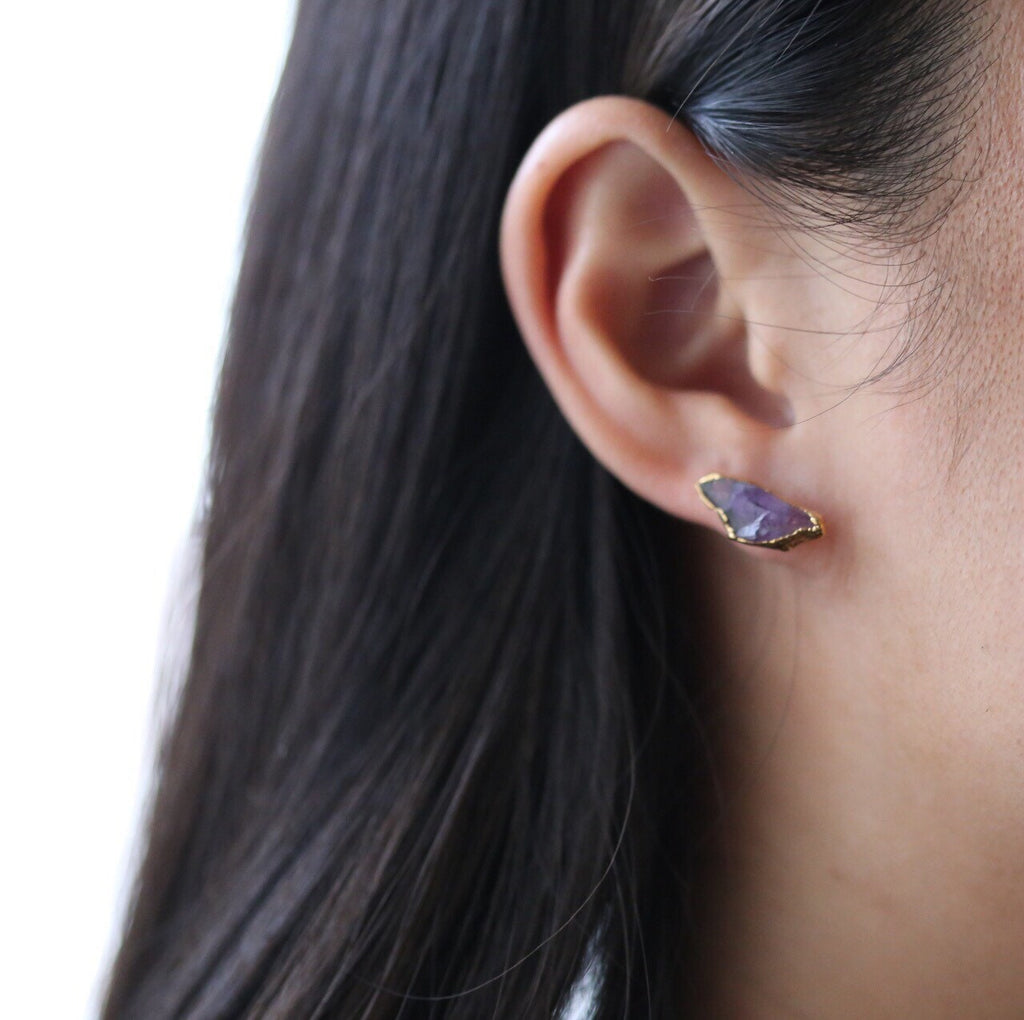 Large Raw Amethyst Stud Earrings in Rose Gold