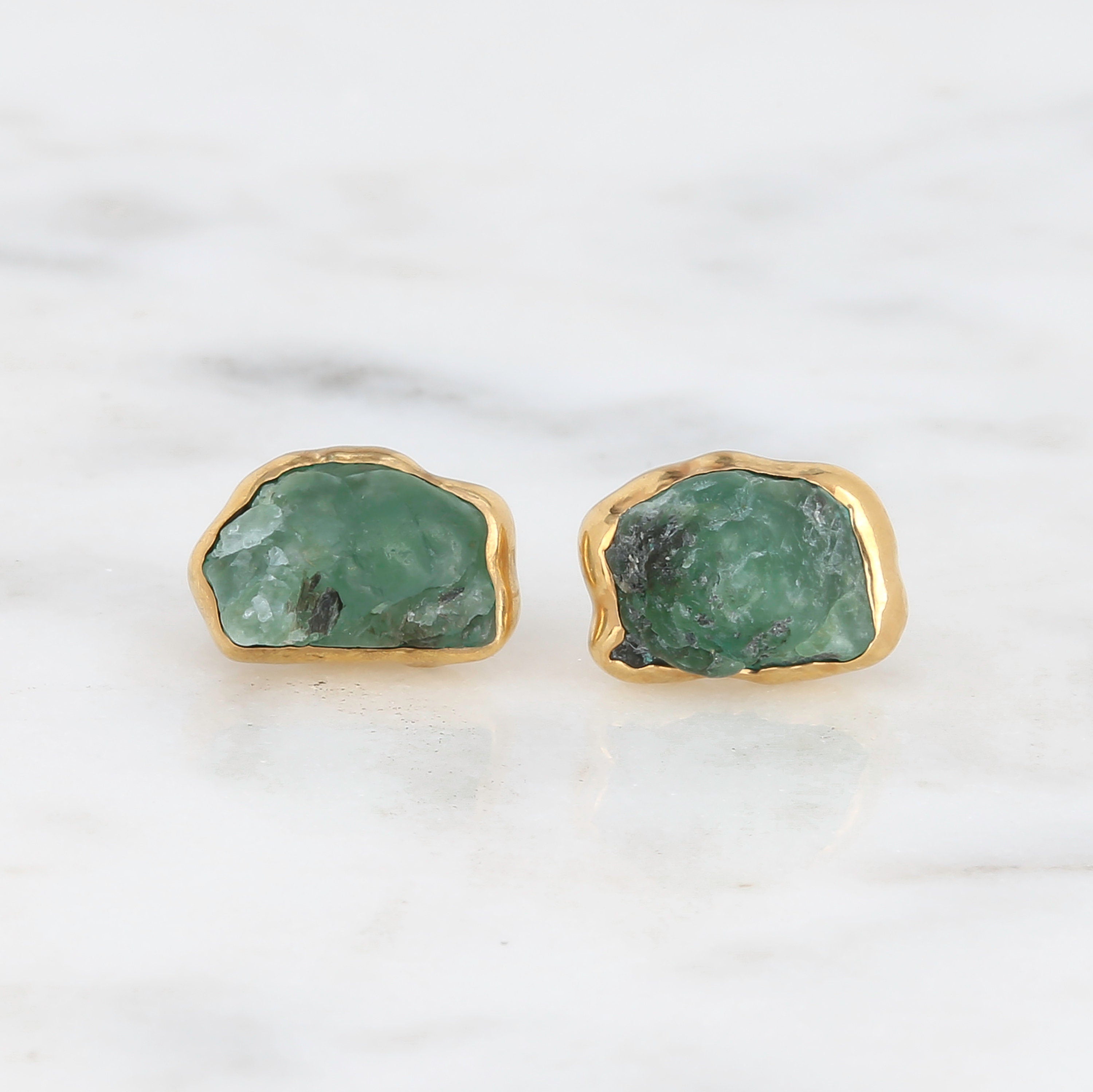 Raw Emerald Earrings • May Birthstone Gift for Her • Handmade Jewelry • Genuine Natural Emerald • Raw Crystal Earrings • Antique Style •