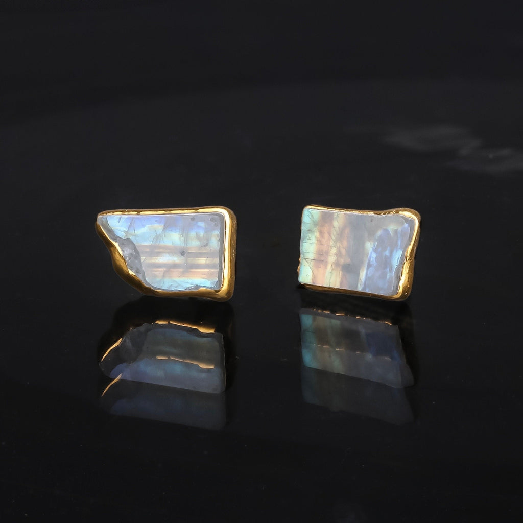 Natural Rainbow Moonstone Earrings • June Birthstone • Gold Filled • Handmade Summer Jewelry • Raw Gemstone Witchy Earrings • 24k Dip • Pair