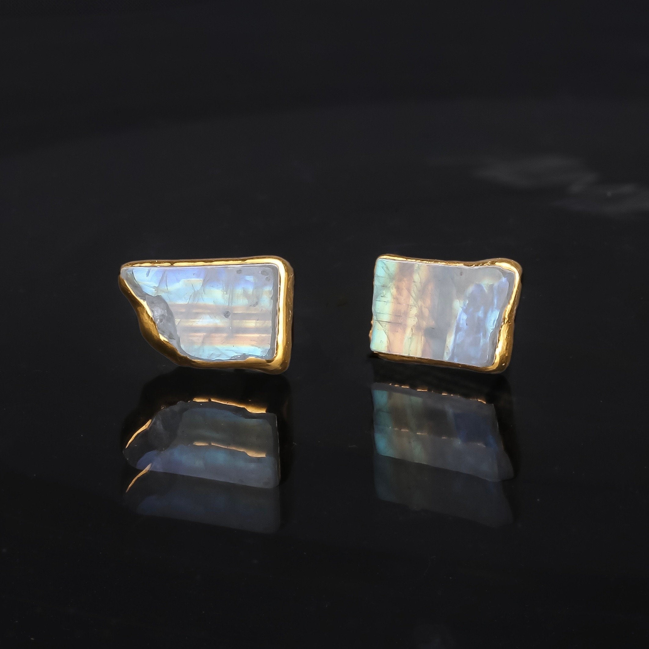 Natural Rainbow Moonstone Earrings • June Birthstone • Gold Filled • Handmade Summer Jewelry • Raw Gemstone Witchy Earrings • 24k Dip • Pair