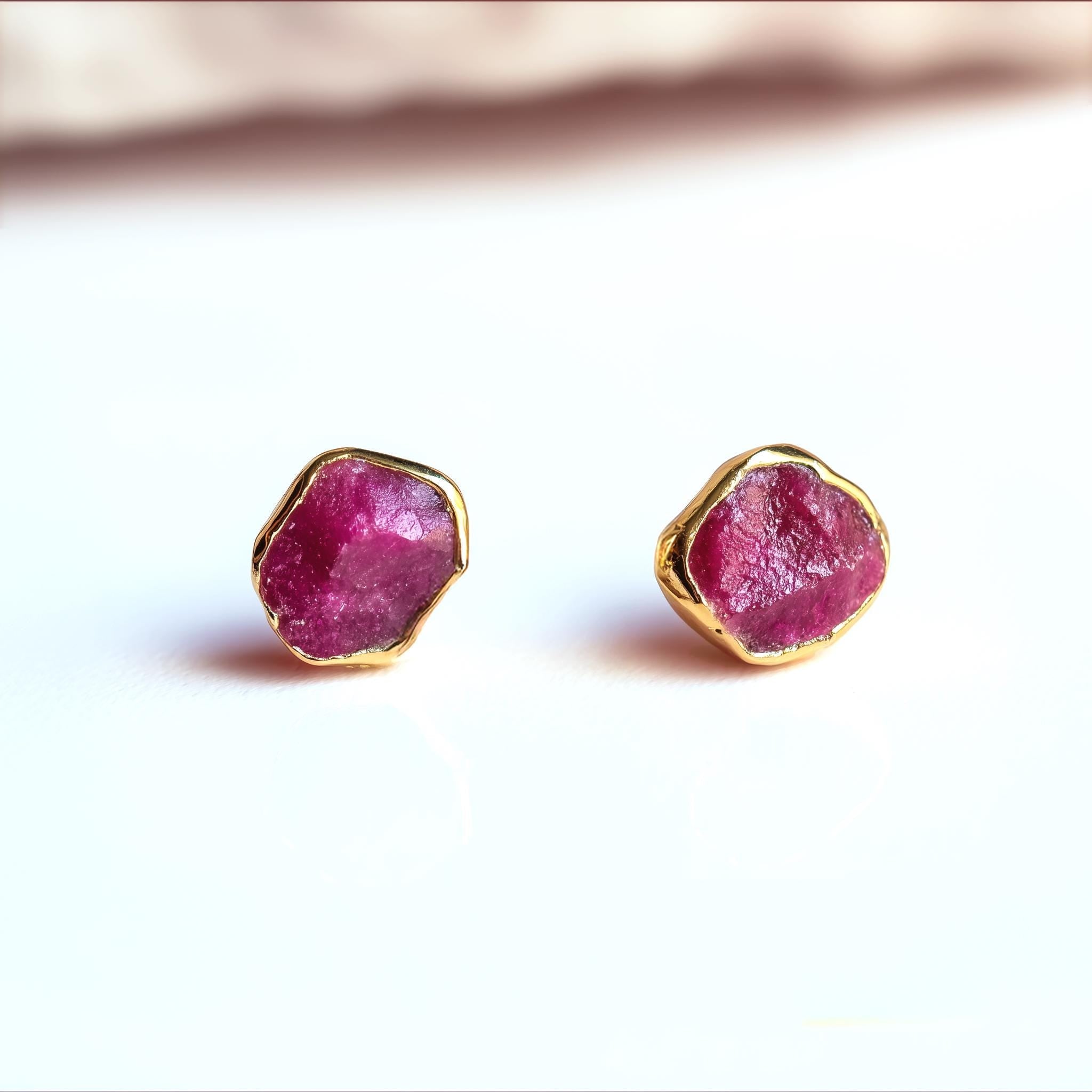 Dainty Raw Ruby Stud Earrings in Yellow Gold
