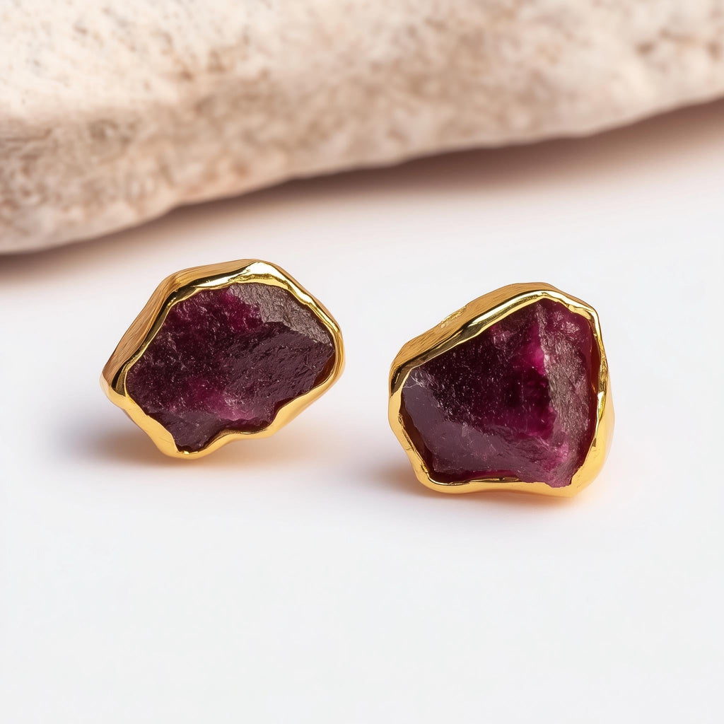 Raw Ruby Earrings in Yellow Gold