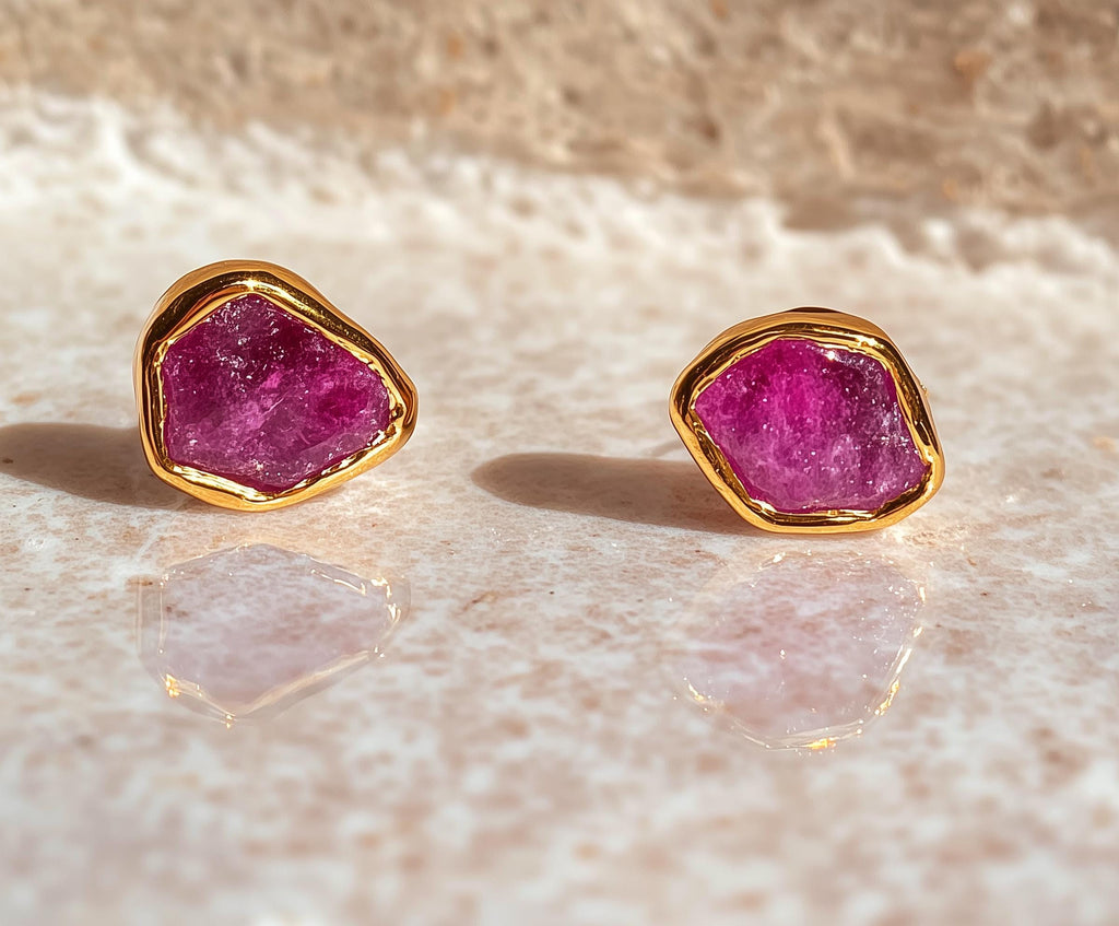 Dainty Raw Ruby Stud Earrings in Yellow Gold
