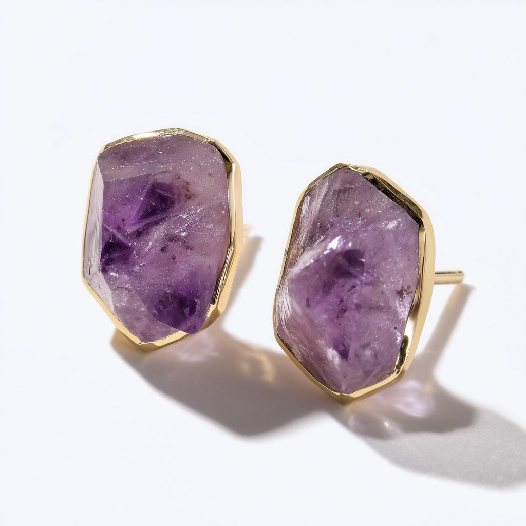 Large Raw Amethyst Stud Earrings in Rose Gold