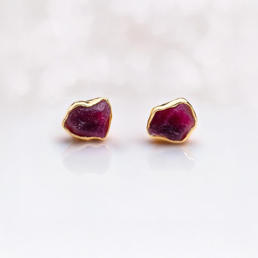 Dainty Raw Ruby Stud Earrings in Yellow Gold