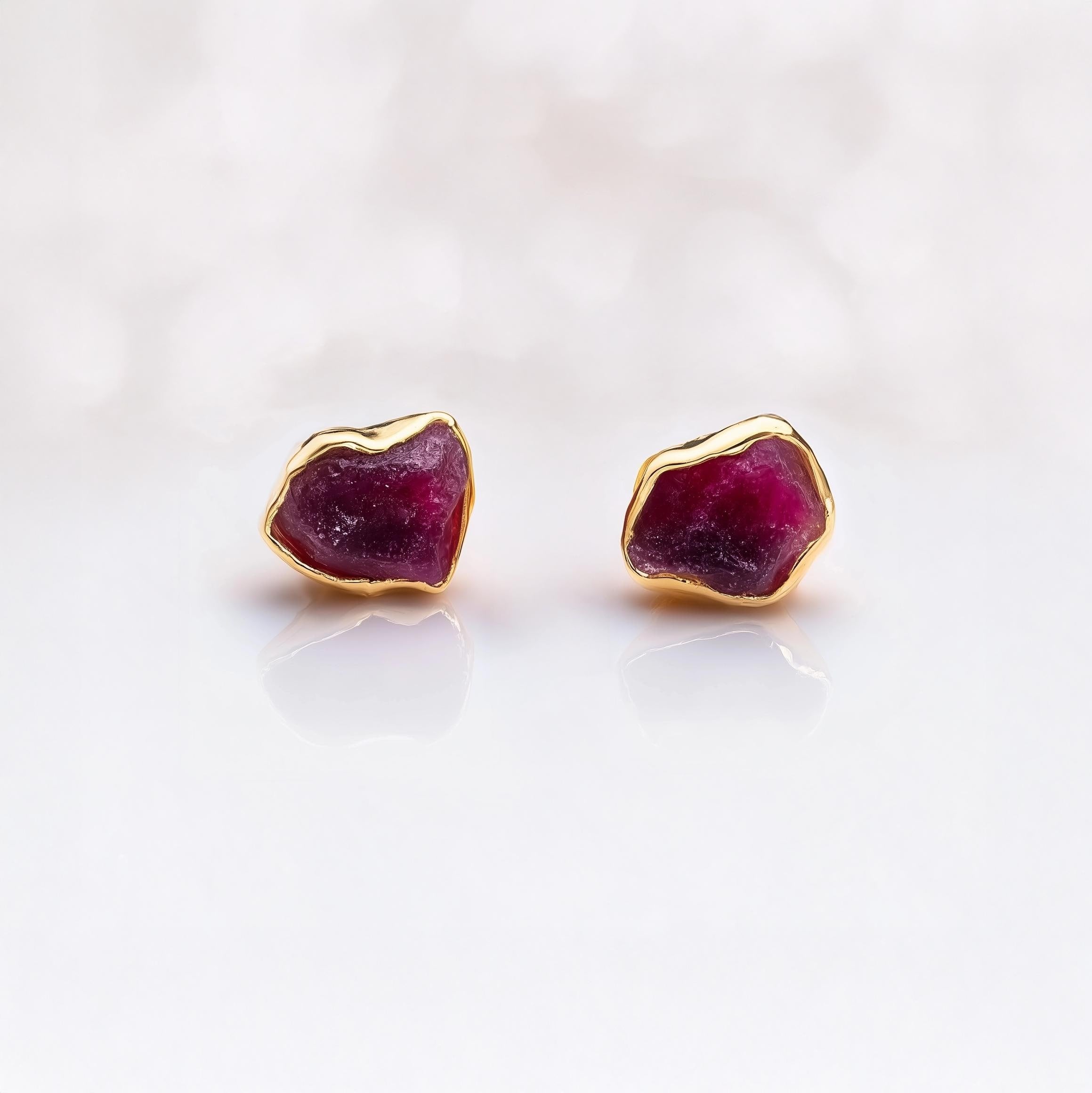 Dainty Raw Ruby Stud Earrings in Yellow Gold