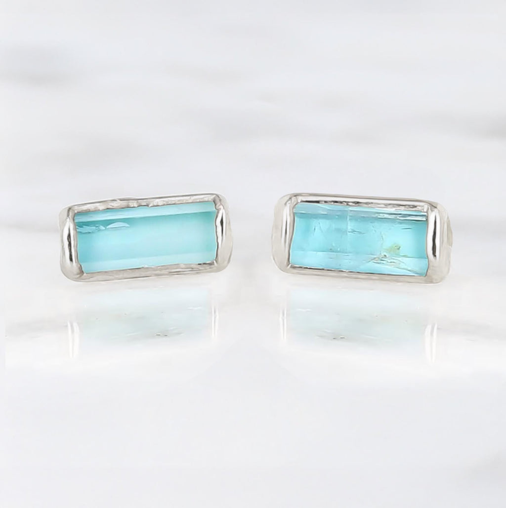 Raw Bar Aquamarine Ears for Women, Sterling Silver Stud Ears, March Birthstone, Gift for Her, Crystal Ears, Aquamarine Jewelry