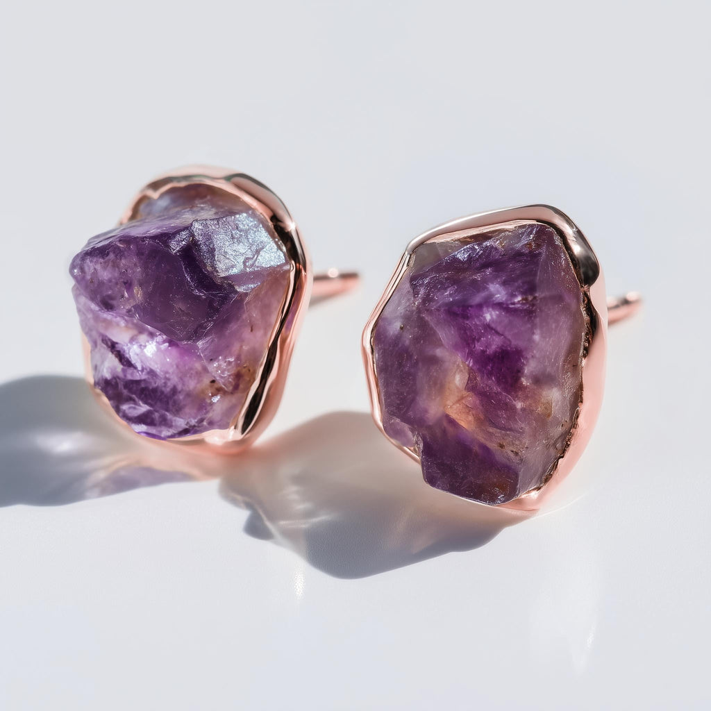 Large Raw Amethyst Stud Earrings in Rose Gold