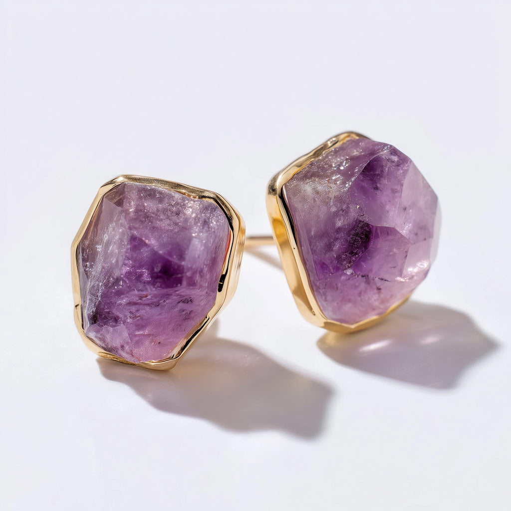 Large Raw Amethyst Stud Earrings in Rose Gold