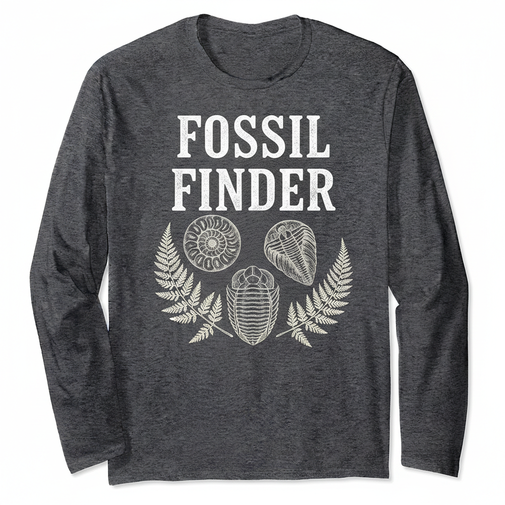 Fossil Finder Long Sleeve Tee with ammonite and trilobite illustrations