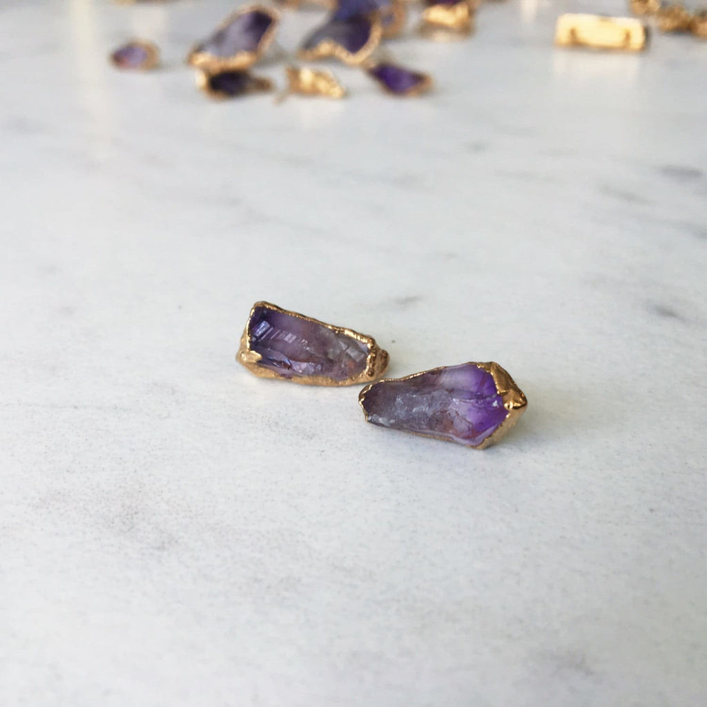 Large Raw Amethyst Stud Earrings in Sterling Silver