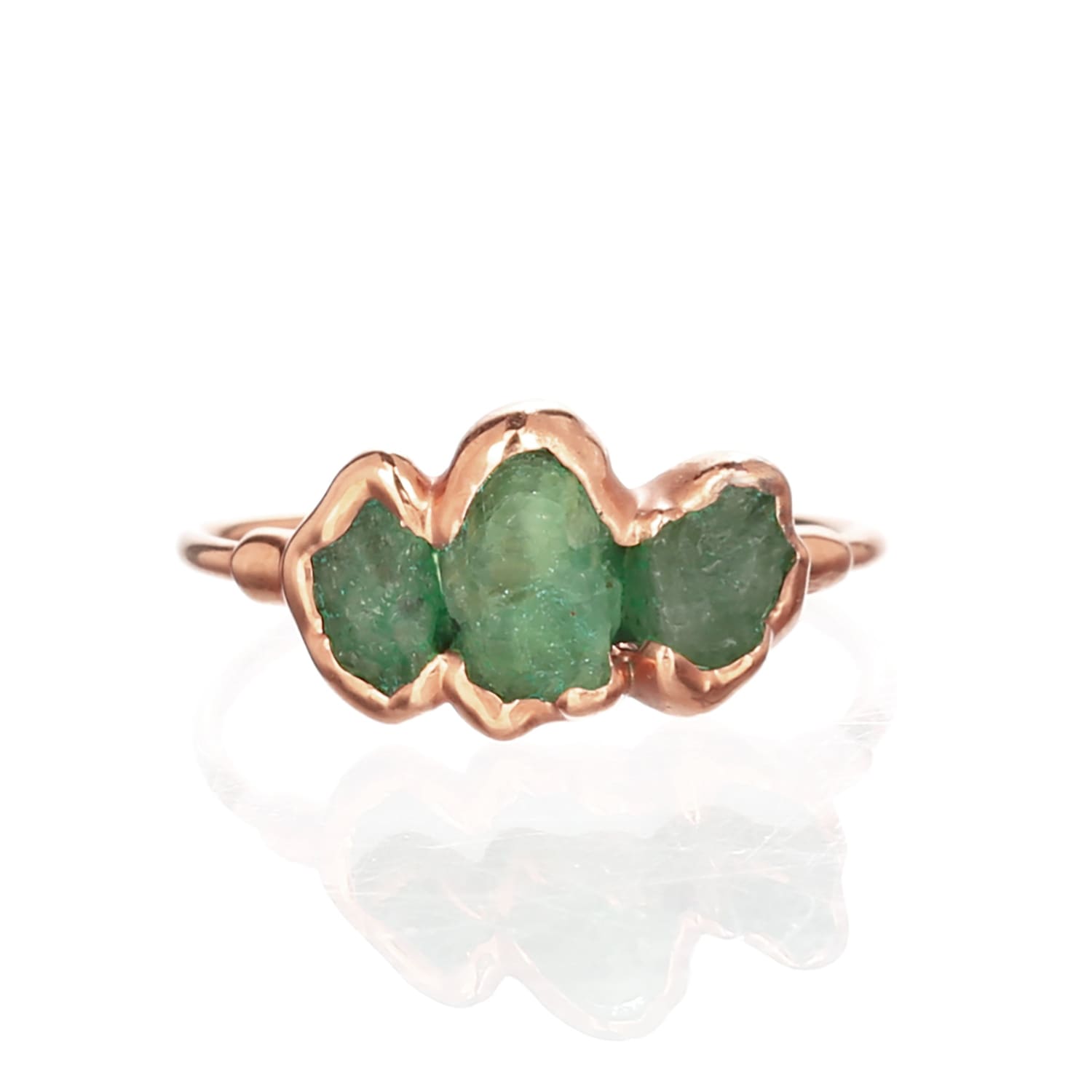 Large Three Stone Raw Emerald Ring in Rose Gold