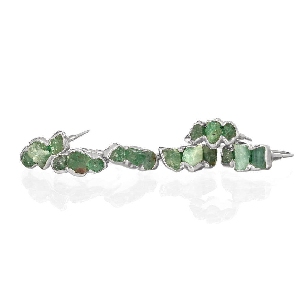 Large Three Stone Raw Emerald Ring in Sterling Silver