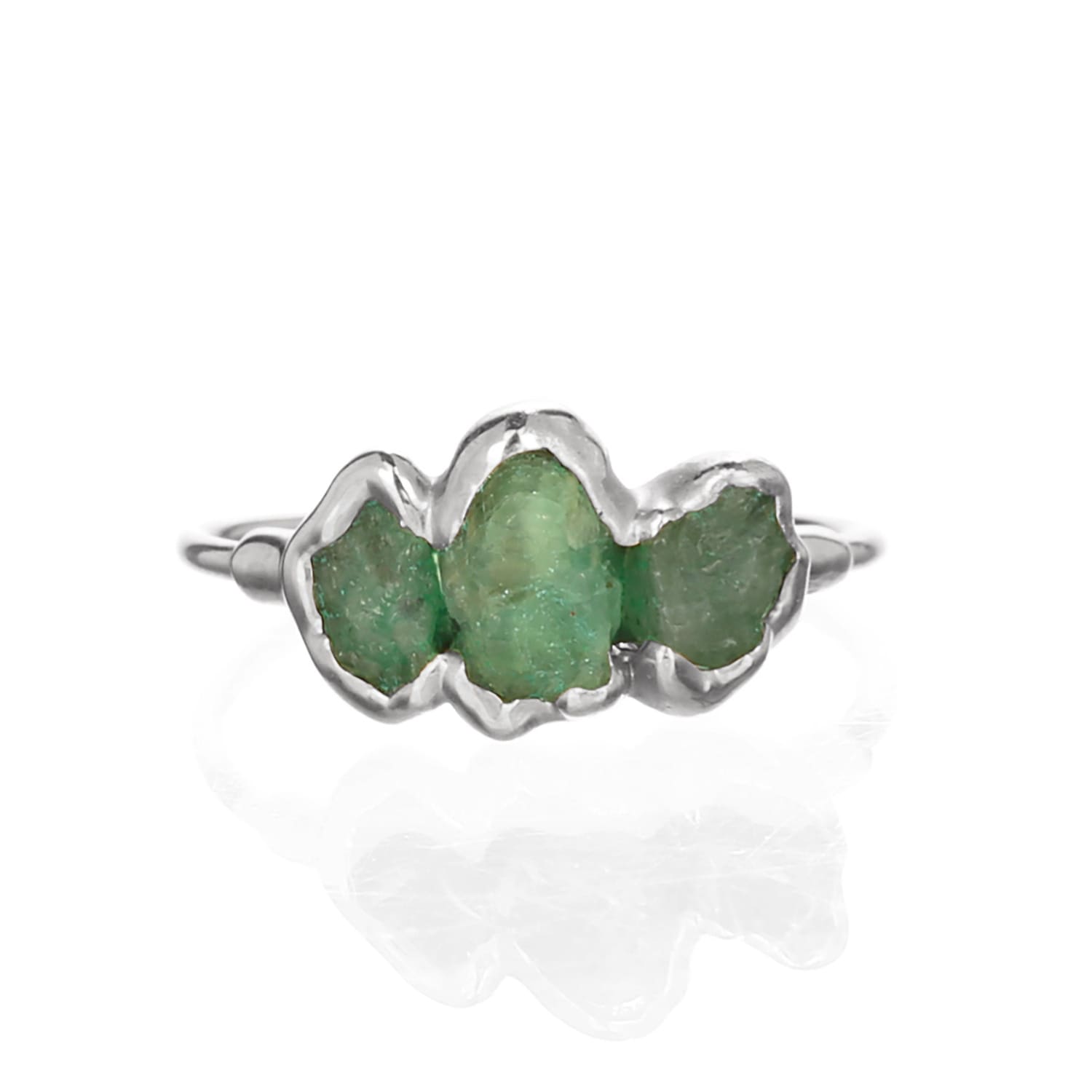 Large Three Stone Raw Emerald Ring in Sterling Silver