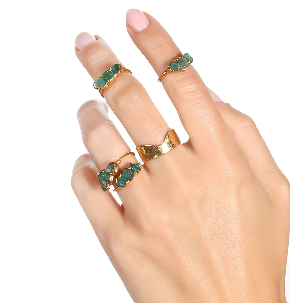 Large Three Stone Raw Emerald Ring in Sterling Silver