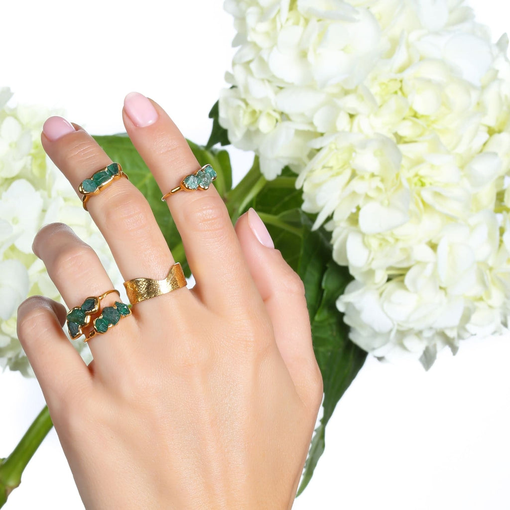 Large Three Stone Raw Emerald Ring in Sterling Silver