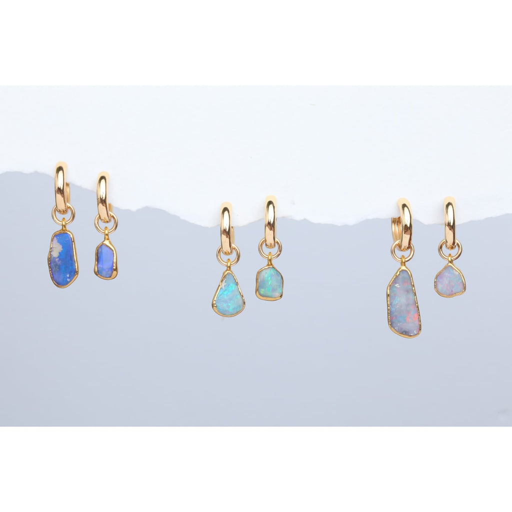 Mismatched Huggie Hoop Earrings • Raw Australian Fire Opal • Minimalist Summer Aesthetic • Non Tarnish Waterproof • Daily Wear