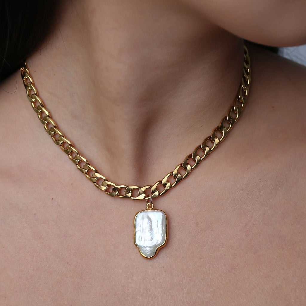 Pearl Cuban Link Choker Necklace • Real Baroque Pearl Choker • Gothic Raw Gemstone Choker • Handmade Jewelry • Whimsigoth • 24k Dip