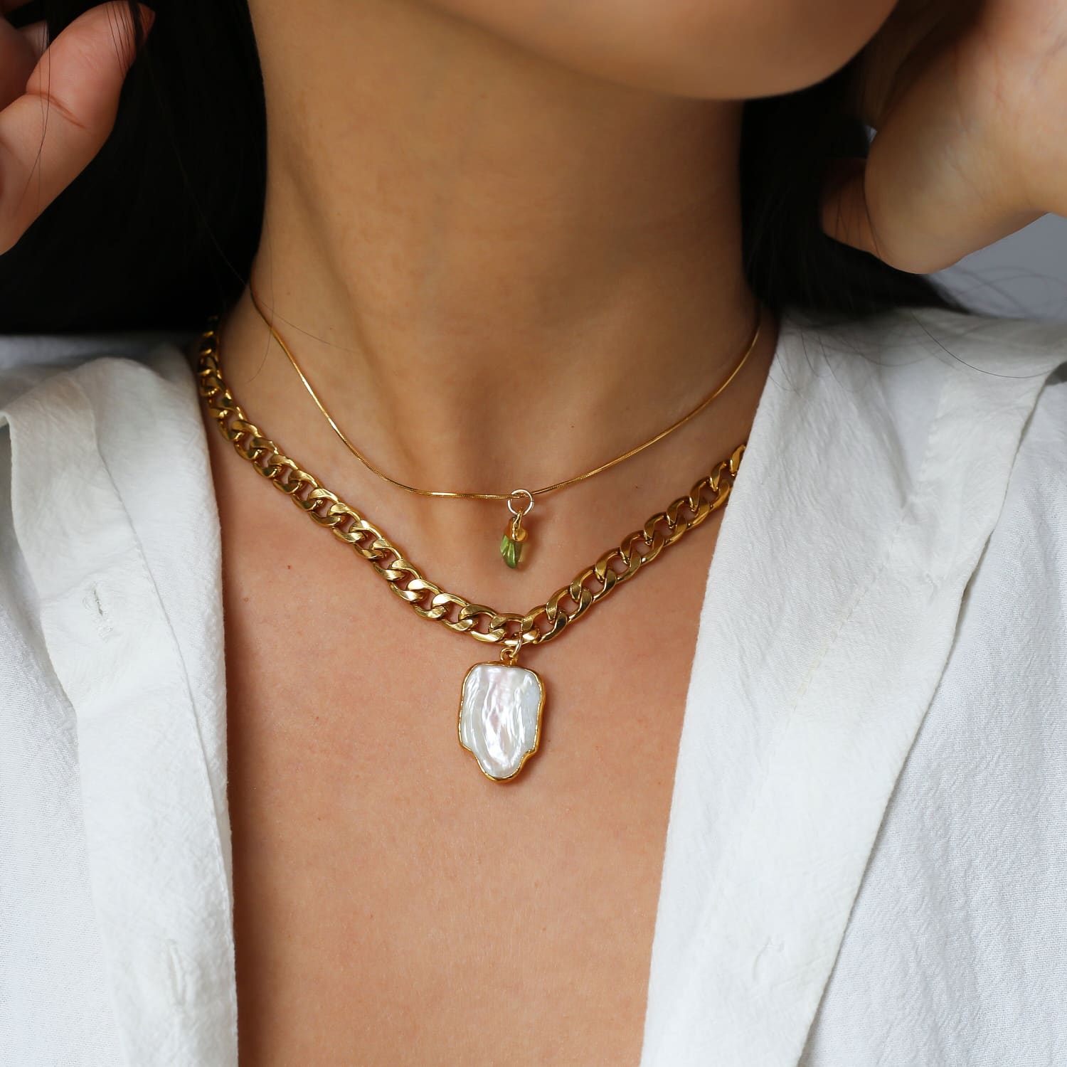 Pearl Cuban Link Choker Necklace • Real Baroque Pearl Choker • Gothic Raw Gemstone Choker • Handmade Jewelry • Whimsigoth • 24k Dip