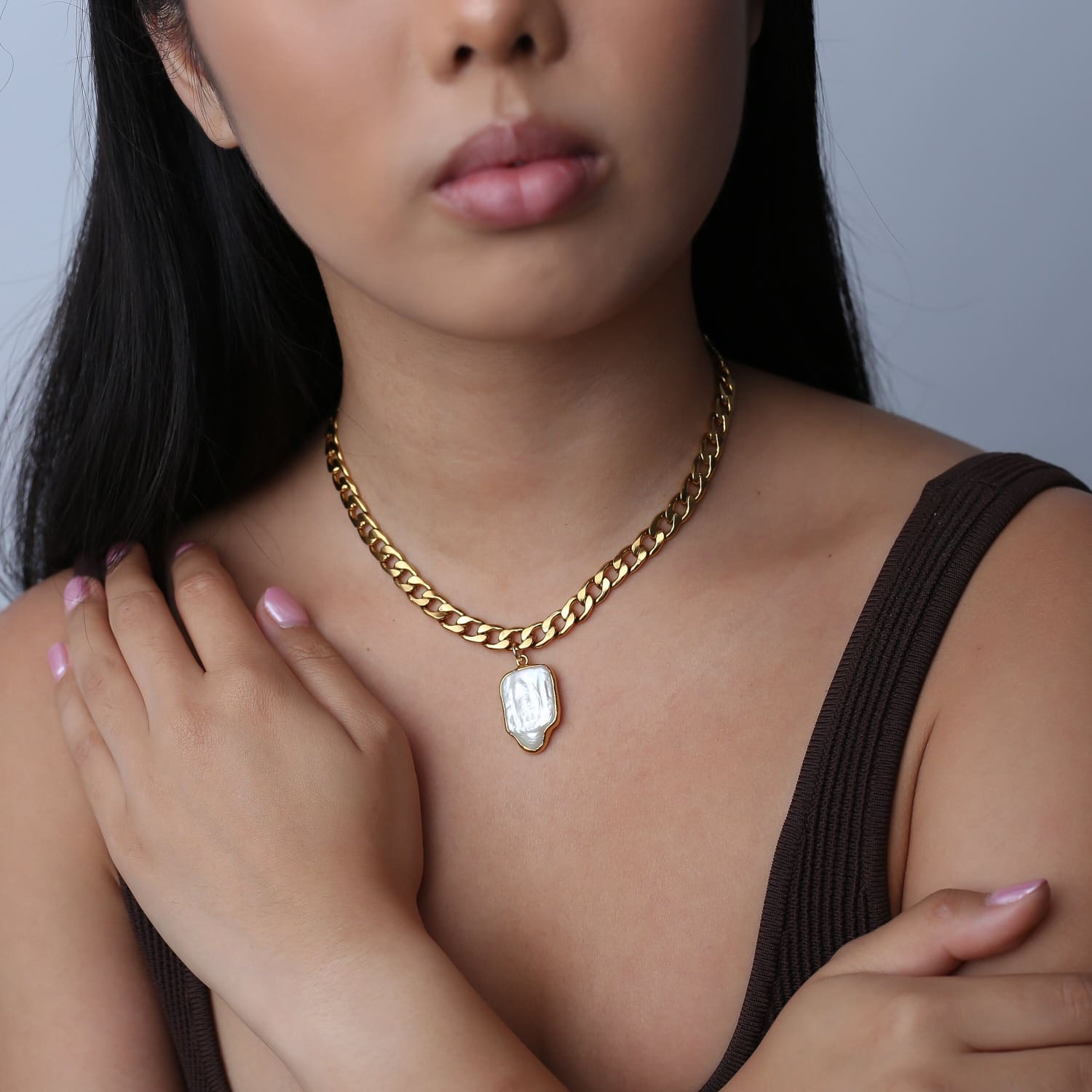 Pearl Cuban Link Choker Necklace • Real Baroque Pearl Choker • Gothic Raw Gemstone Choker • Handmade Jewelry • Whimsigoth • 24k Dip
