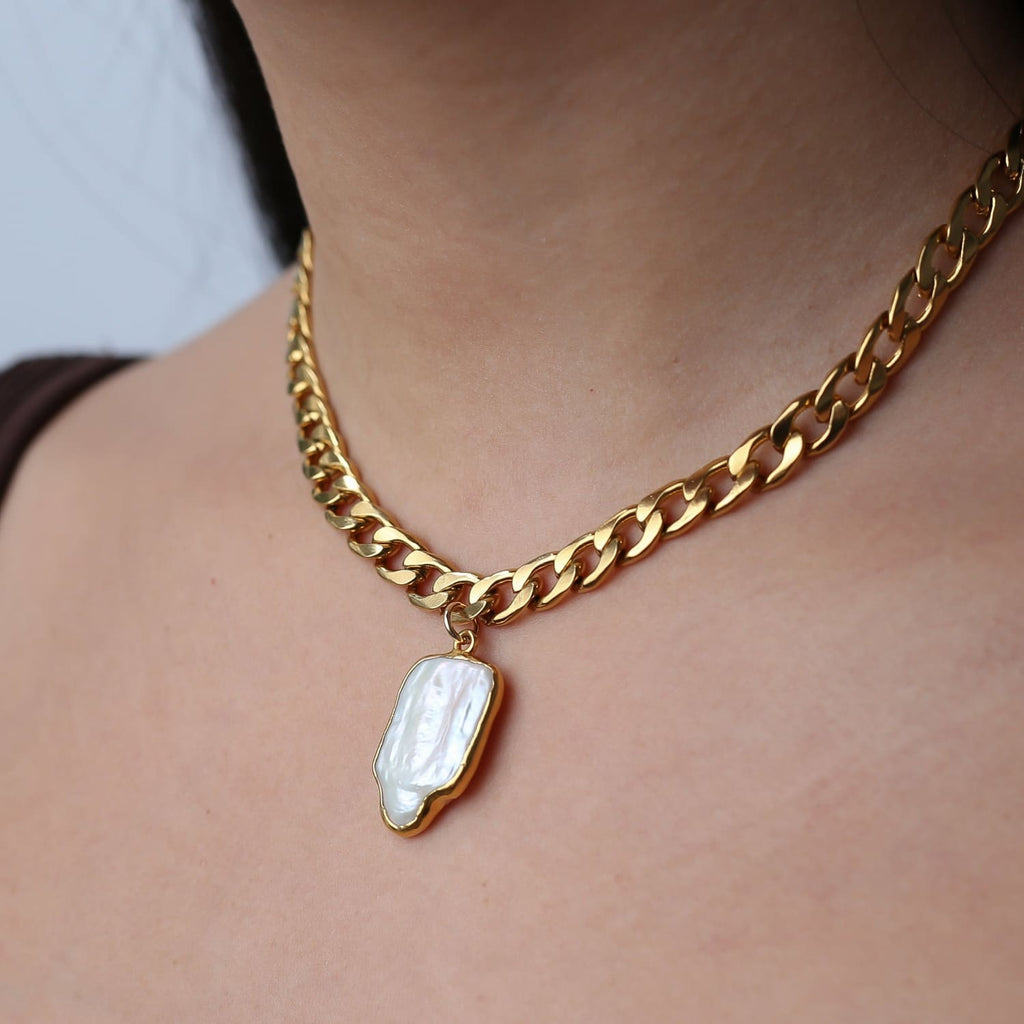 Pearl Cuban Link Choker Necklace • Real Baroque Pearl Choker • Gothic Raw Gemstone Choker • Handmade Jewelry • Whimsigoth • 24k Dip