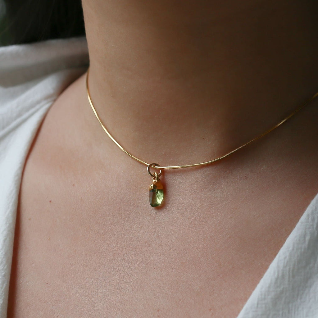 Peridot Choker • Raw Gemstone Crystal Necklace • 24k Gold Filled Snake Chain • Dainty Small Stone • Simple August Birthstone • 14 inch