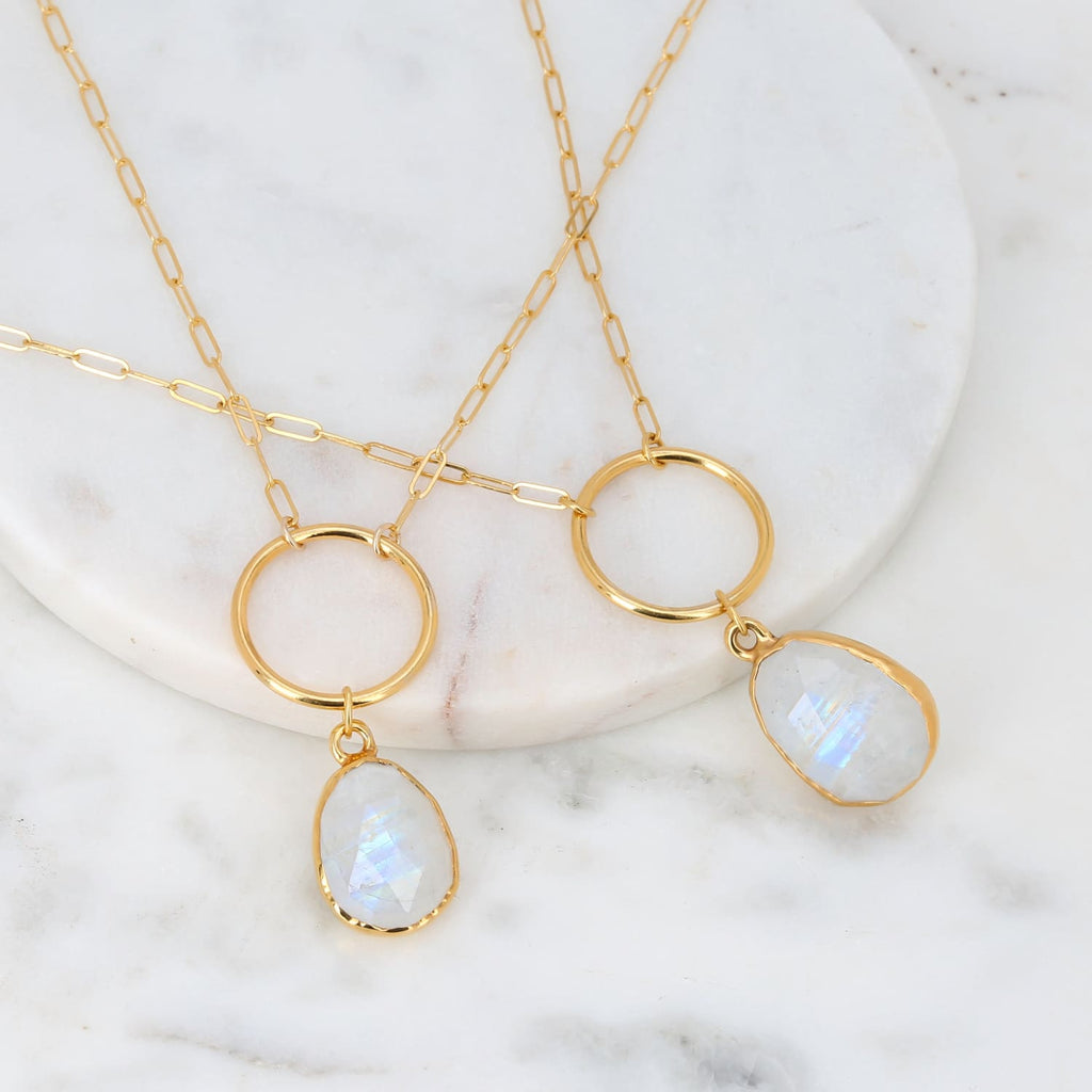 Rain Drop Rainbow Moonstone O-Ring Necklace