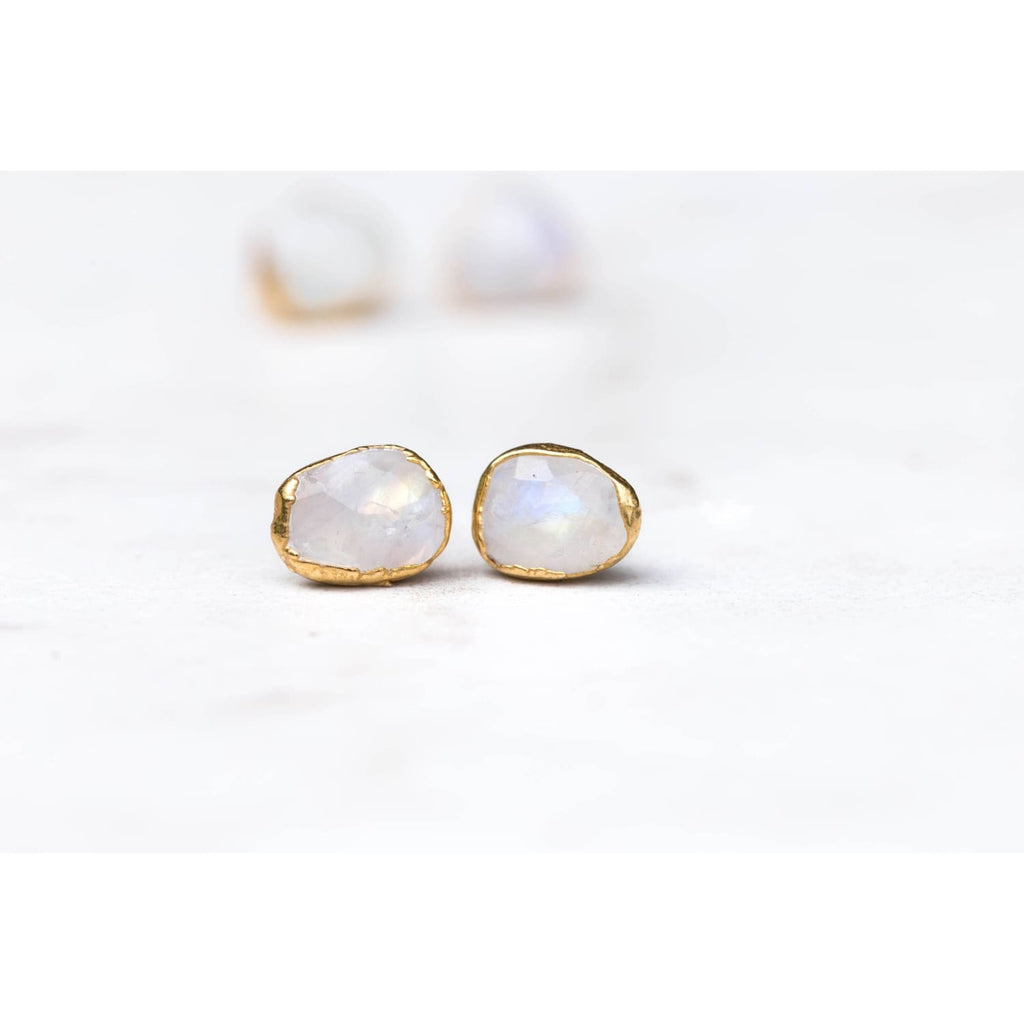 Rainbow Moonstone Stud Earrings in Sterling Silver