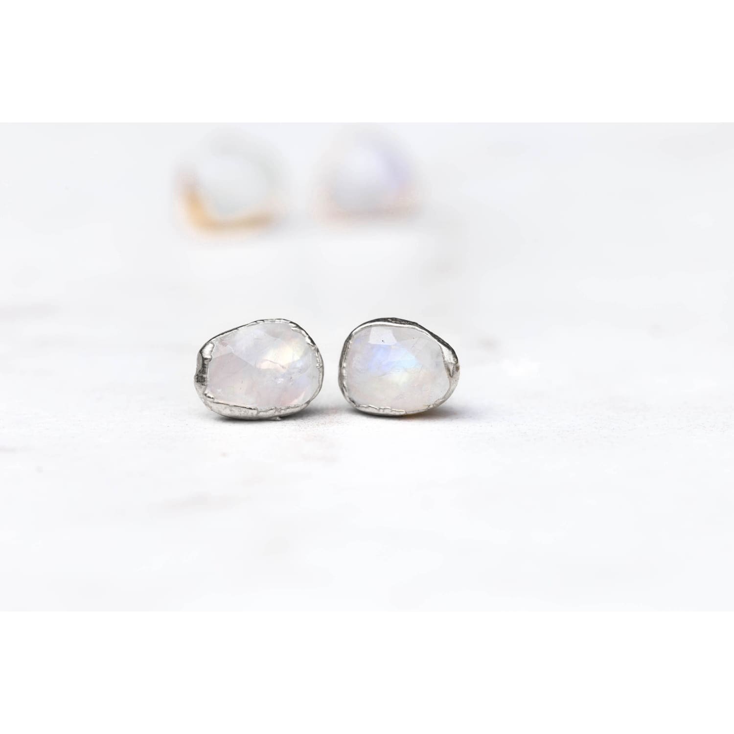 Rainbow Moonstone Stud Earrings in Sterling Silver
