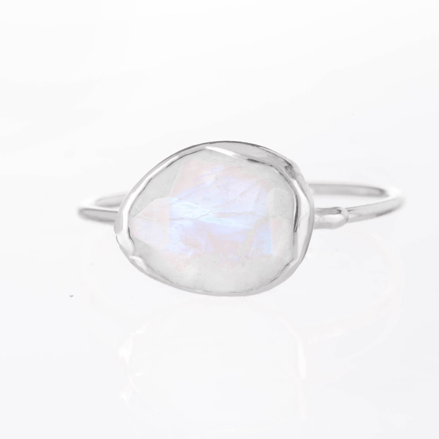 Rainbow Raw Moonstone Ring in Rosecut and Sterling Silver