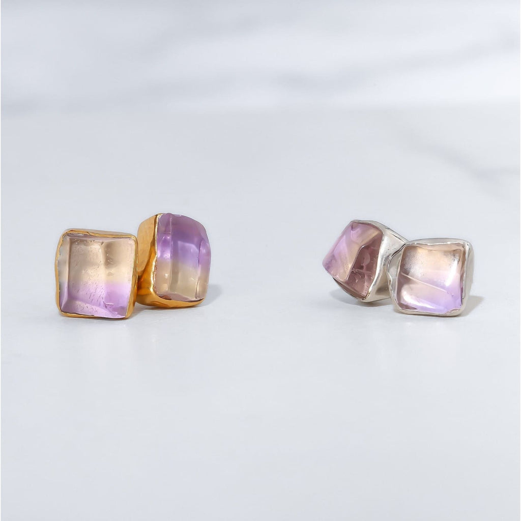 Raw Ametrine Stud Earrings w/ Gold Fill, Unique Natural Amethyst and Citrine Rough  Jewelry. Cube Rectangle Gemstone. Handmade in USA