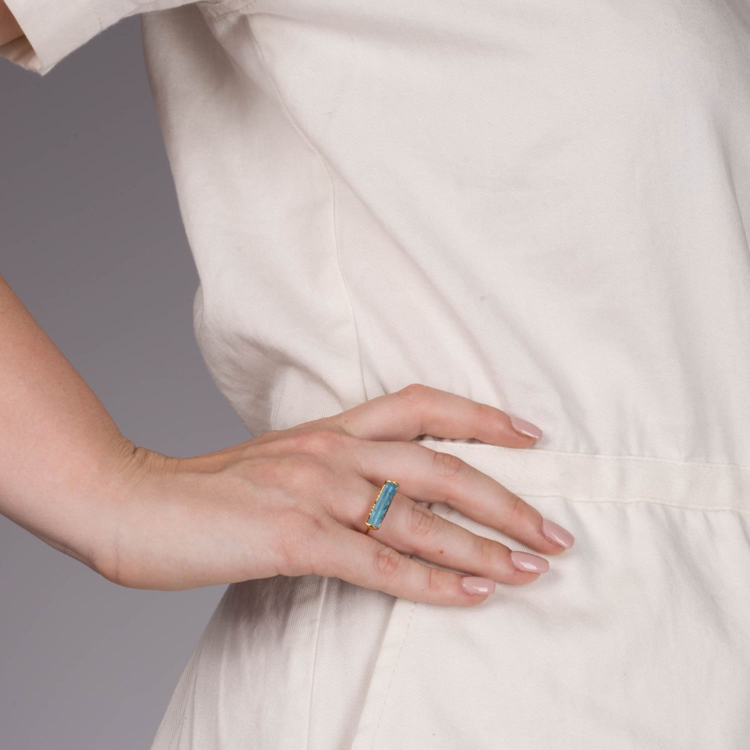 Raw Aquamarine Bar Ring Rose Gold