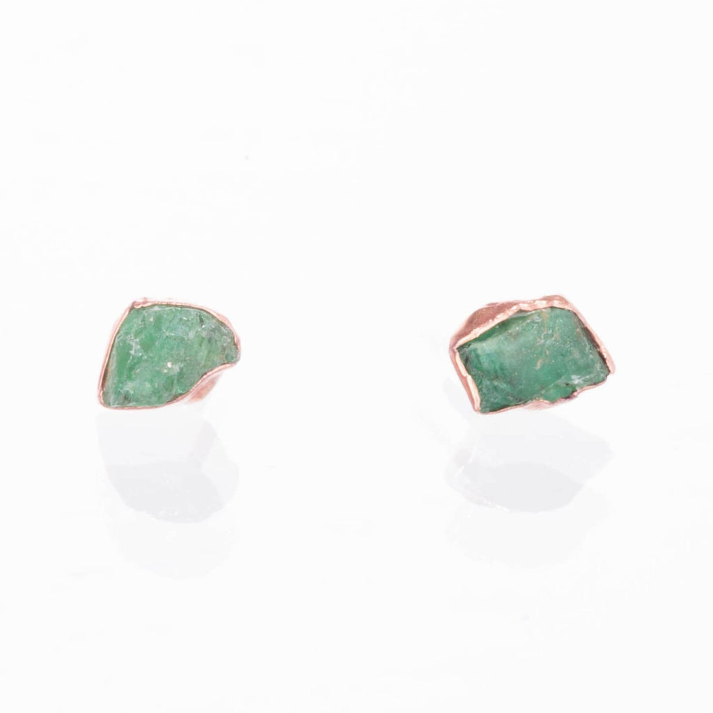 Raw Emerald Stud Earrings in Rose Gold