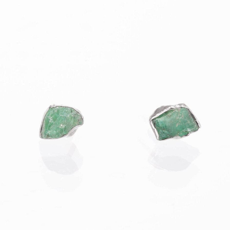 Raw Emerald Stud Earrings in Sterling Silver