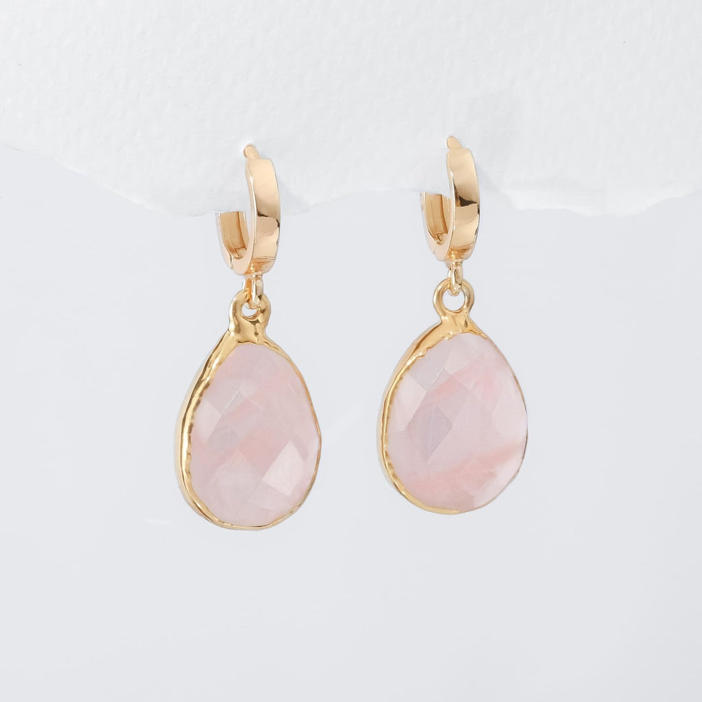 Rose Quartz Huggie Earrings • Chunky 14k Gold Filled Hoops • Non Tarnish Waterproof • Minimalist Summer Aesthetic • Perfect for Daily Wear