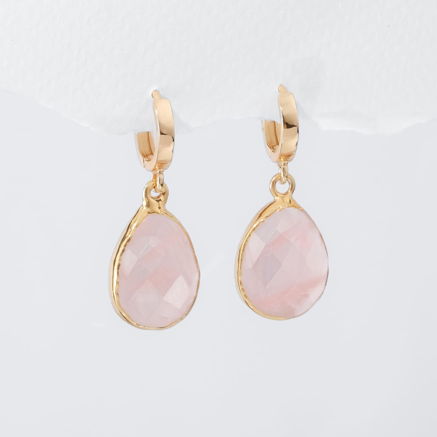 Rose Quartz Huggie Earrings • Chunky 14k Gold Filled Hoops • Non Tarnish Waterproof • Minimalist Summer Aesthetic • Perfect for Daily Wear