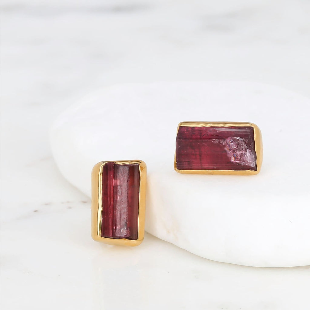 STATEMENT Raw Pink Tourmaline Earrings, Chunky Pink Stone