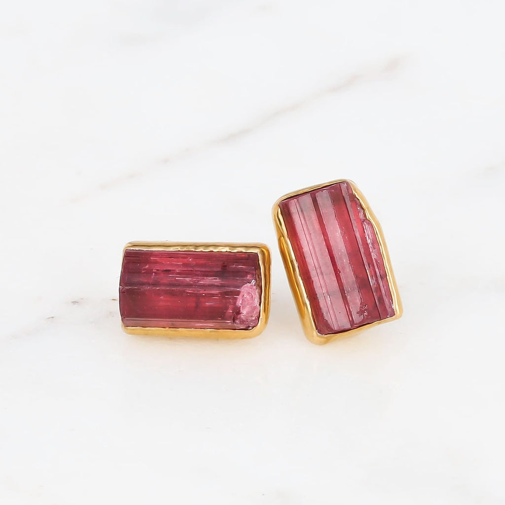 STATEMENT Raw Pink Tourmaline Earrings, Chunky Pink Stone