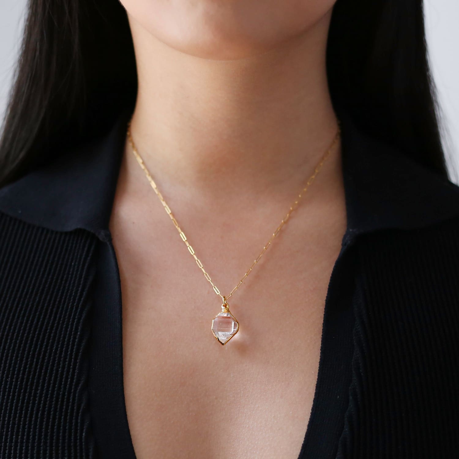 Three Layered Crystal Necklace Set • Gold Filled Gemstone Choker • Raw Herkimer Diamond • Paper Clip Necklace • April Birthstone • Handmade