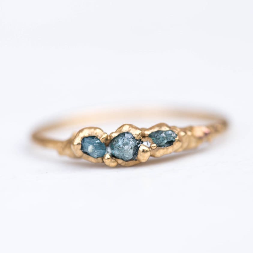 Three Stone Raw Blue Diamond Ring in Yellow Gold