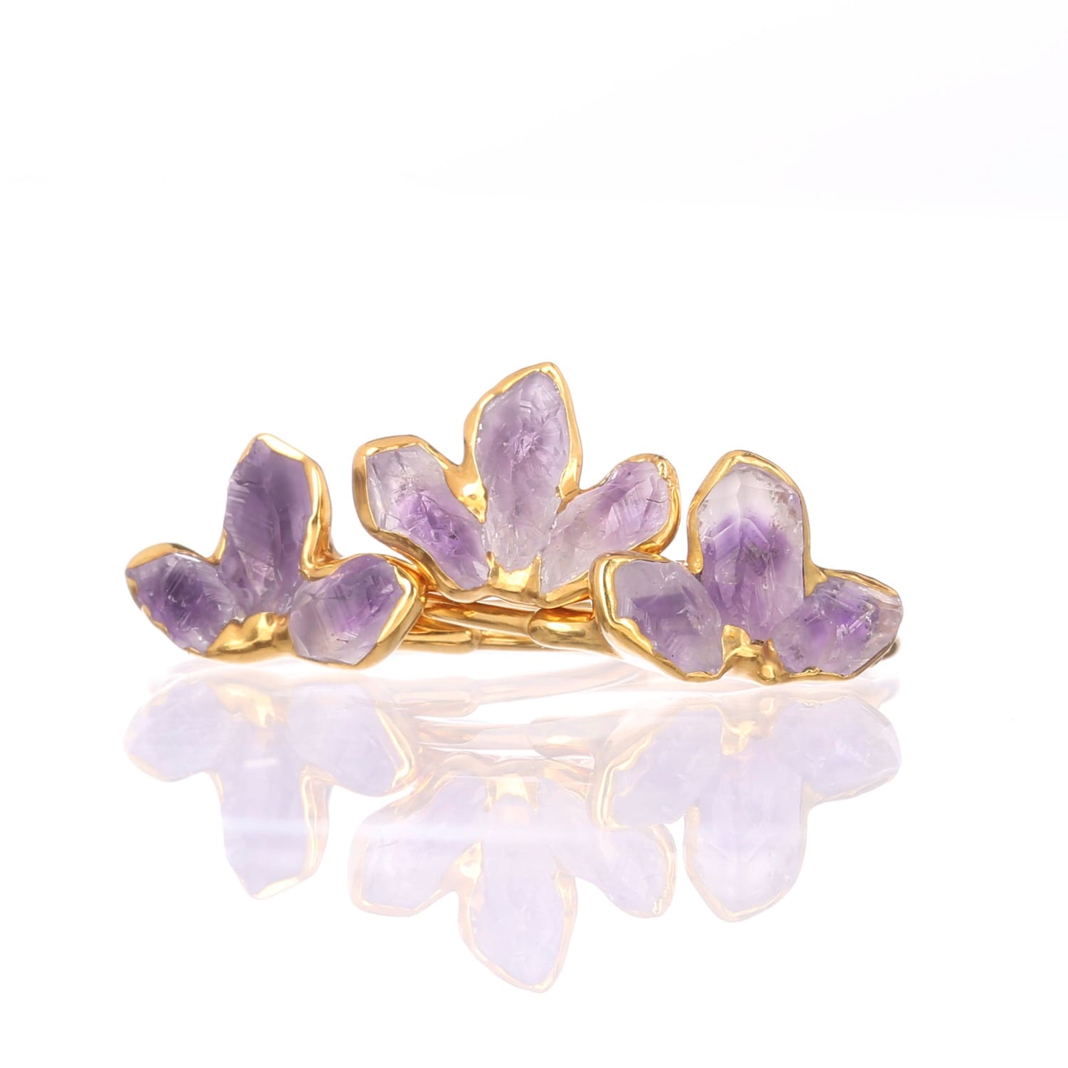 Triple Raw Amethyst Fan Ring • Gold Filled • Unique Edgy Gemstone Stacking Ring • February Birthstone • Whimsigoth Aesthetic • 24k Dip