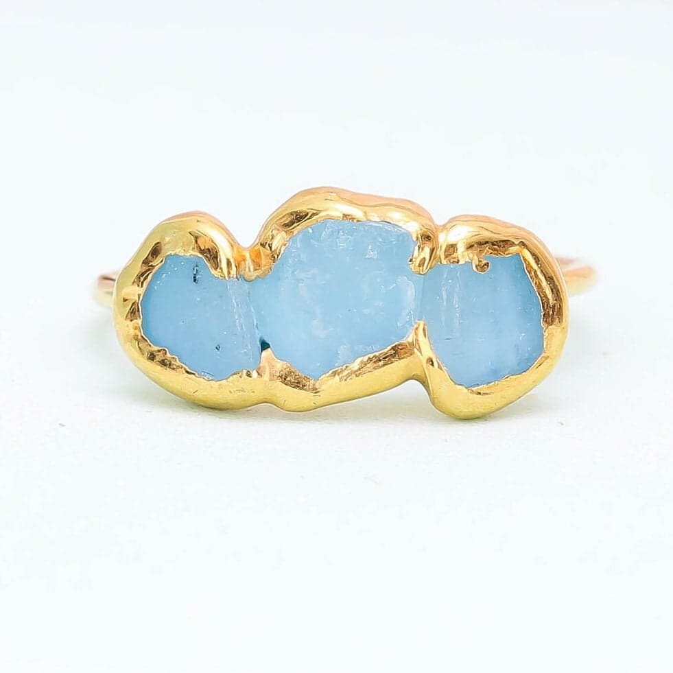 Triple Raw Aquamarine Ring for Women, Gold Ring, Dainty Ring, Delicate Ring, March Birthstone Ring, Raw Crystal Ring, Raw Stone Ring, Pisc