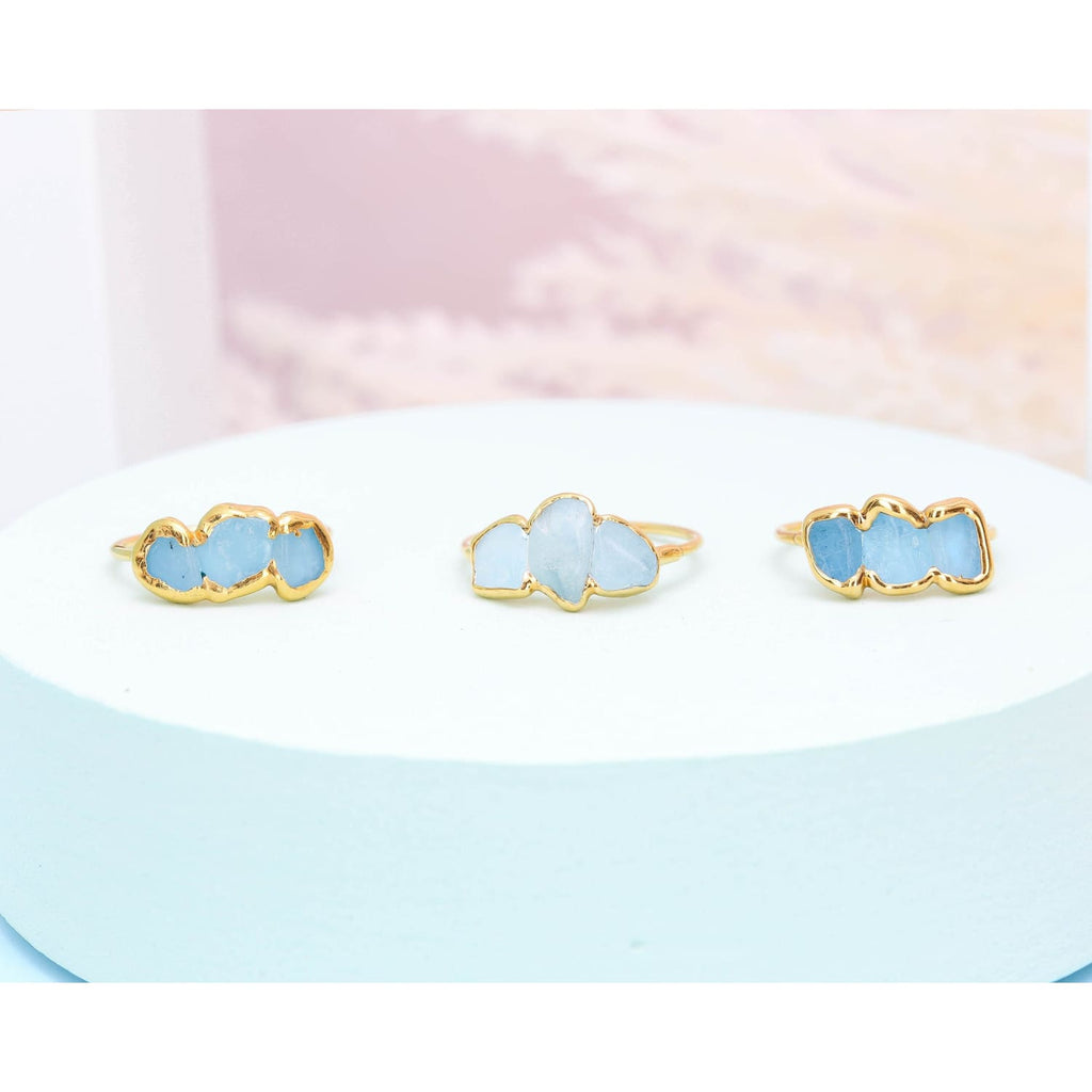 Triple Raw Aquamarine Ring for Women, Gold Ring, Dainty Ring, Delicate Ring, March Birthstone Ring, Raw Crystal Ring, Raw Stone Ring, Pisc