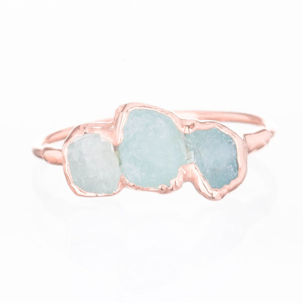 Triple Raw Aquamarine Ring in Rose Gold, Smooth Stones