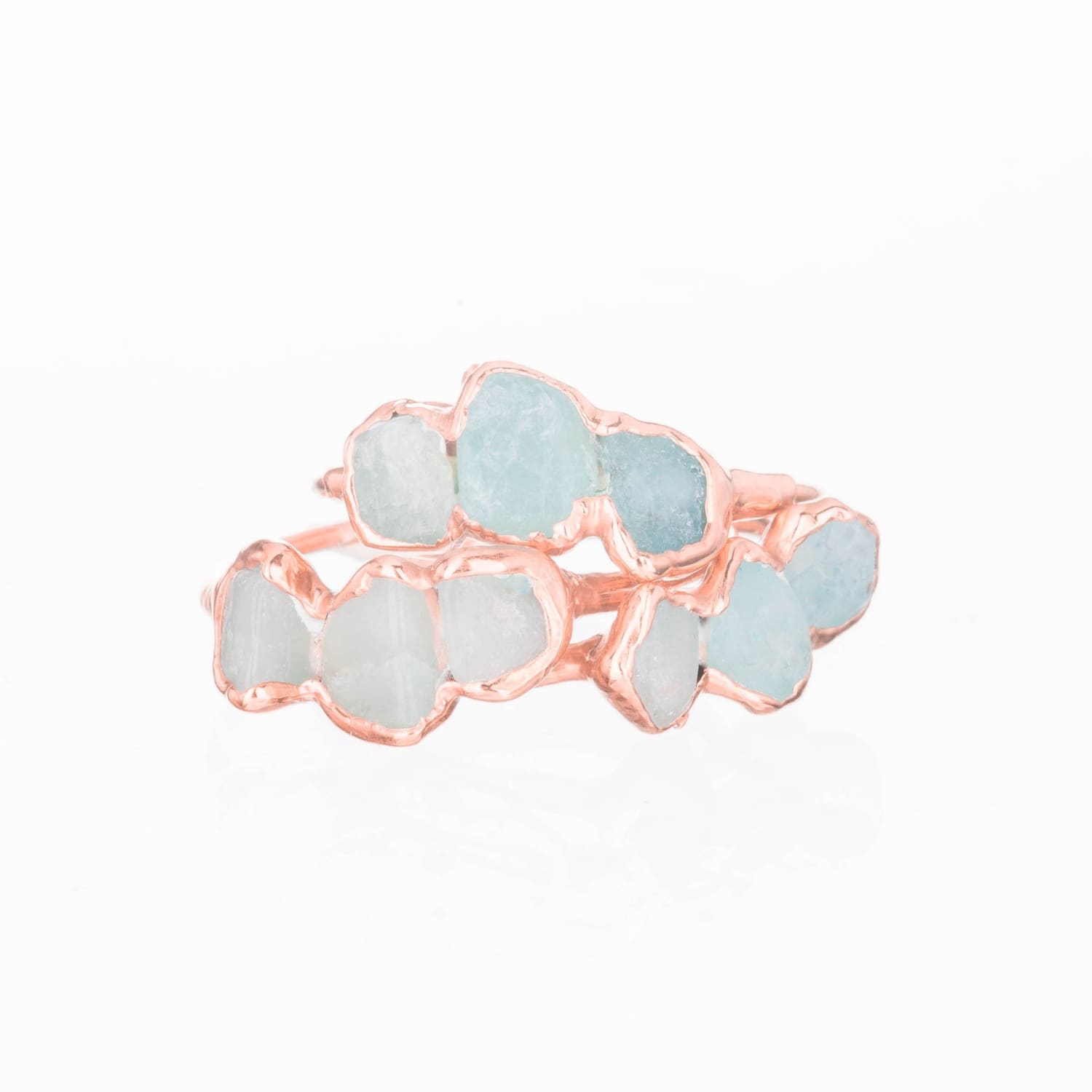 Triple Raw Aquamarine Ring in Rose Gold, Smooth Stones