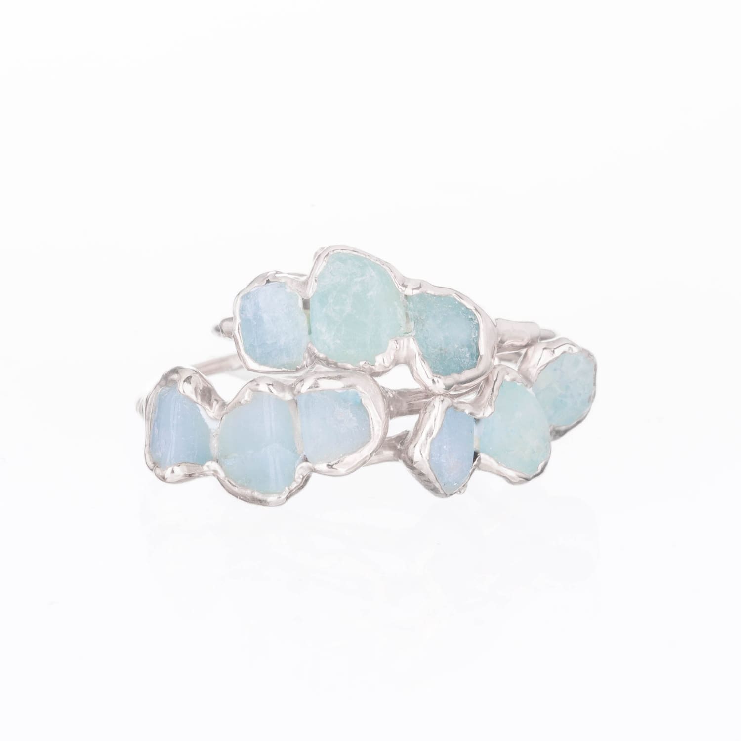 Triple Raw Aquamarine Ring in Rose Gold, Smooth Stones