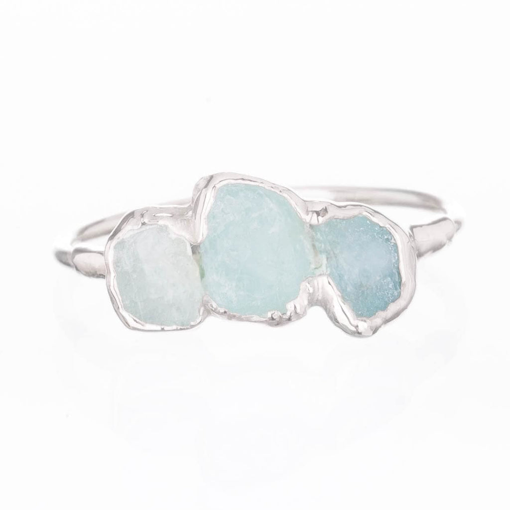 Triple Raw Aquamarine Ring in Sterling Silver, Smooth Stones